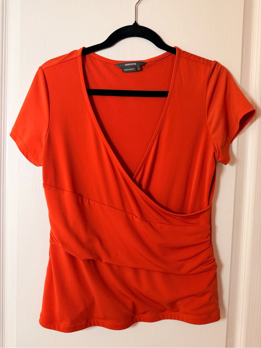 Maxime V-Neck Faux Wrap Short Sleeve Top in Bright Orange